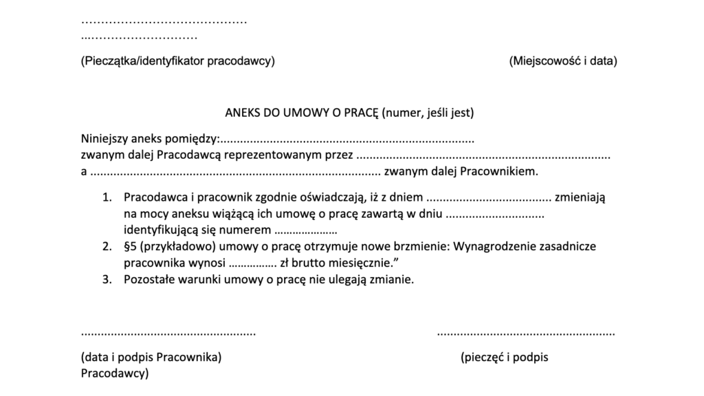 przykład aneksu do umowy o pracę zmieniający wynagrodzenie