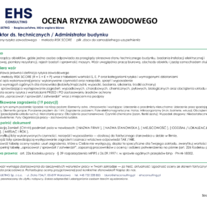 Wzór oceny ryzyka zawodowego – inspektor ds. technicznych / administrator budynku, strona tytułowa – zakres wzoru, lista zagrożeń i instrukcja uzupełnienia