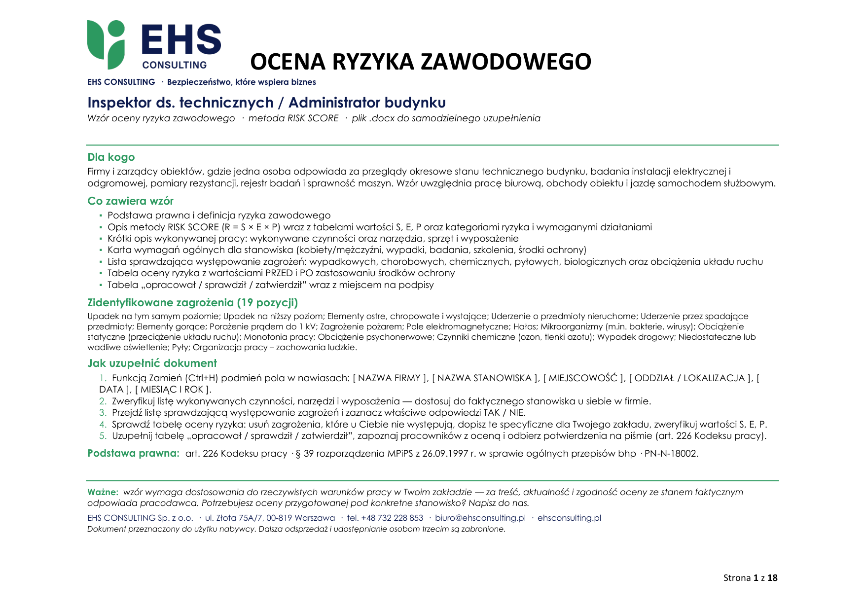 Wzór oceny ryzyka zawodowego – inspektor ds. technicznych / administrator budynku, strona tytułowa – zakres wzoru, lista zagrożeń i instrukcja uzupełnienia