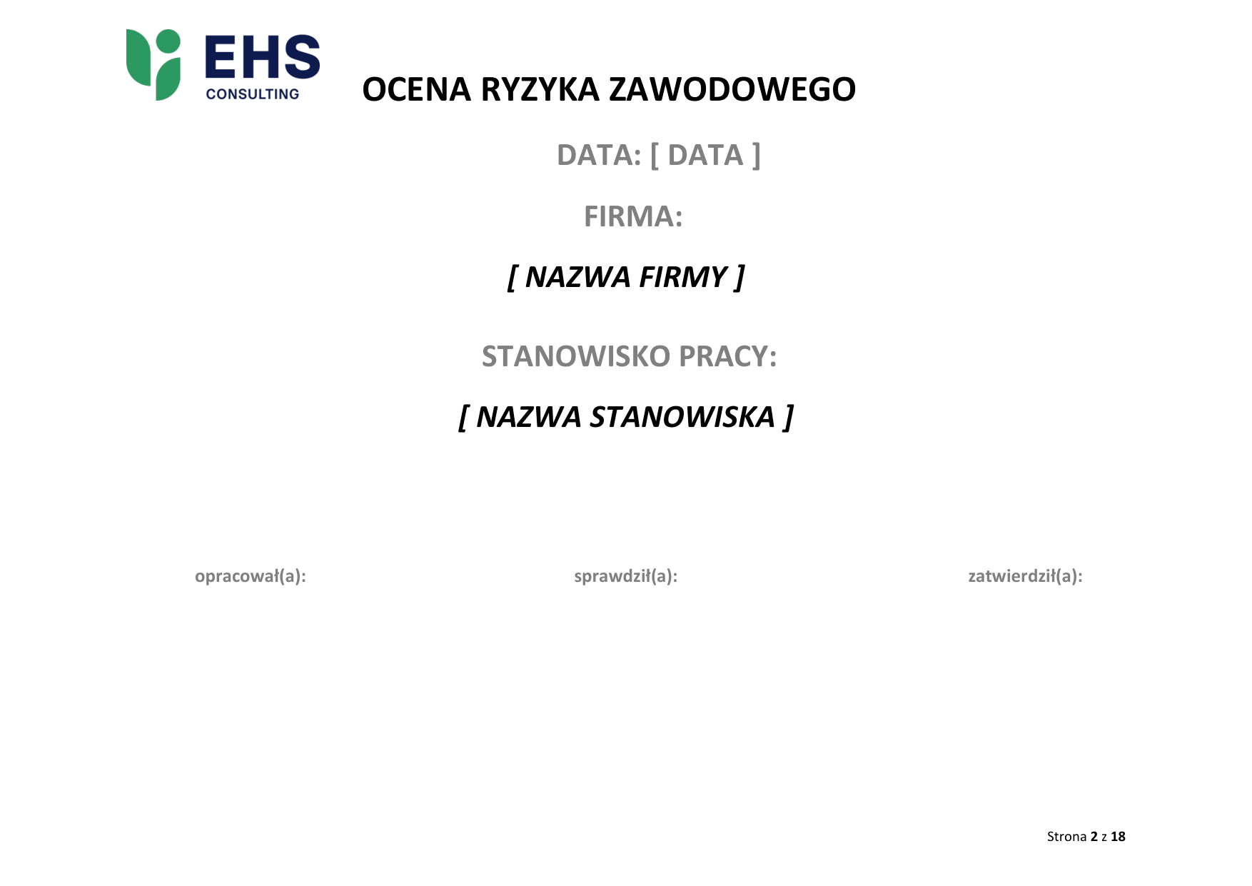 Wzór oceny ryzyka zawodowego – inspektor ds. technicznych / administrator budynku, karta z polami na dane firmy, stanowisko i podpisy