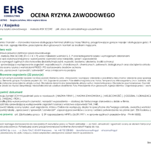 Wzór oceny ryzyka zawodowego – kasjer / kasjerka, strona tytułowa – zakres wzoru, lista zagrożeń i instrukcja uzupełnienia