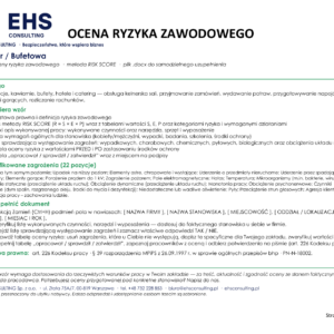 Wzór oceny ryzyka zawodowego – kelner / bufetowa, strona tytułowa – zakres wzoru, lista zagrożeń i instrukcja uzupełnienia