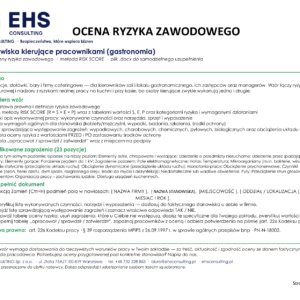 Wzór oceny ryzyka zawodowego – kierownik w gastronomii, strona tytułowa – zakres wzoru, lista zagrożeń i instrukcja uzupełnienia