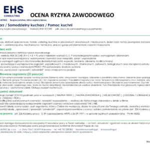 Wzór oceny ryzyka zawodowego – kucharz i pomoc kuchni, strona tytułowa – zakres wzoru, lista zagrożeń i instrukcja uzupełnienia