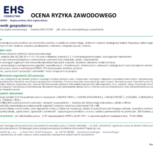 Wzór oceny ryzyka zawodowego – pracownik gospodarczy, strona tytułowa – zakres wzoru, lista zagrożeń i instrukcja uzupełnienia