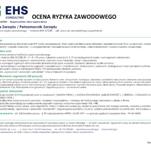 Wzór oceny ryzyka zawodowego – prezes zarządu, strona tytułowa – zakres wzoru, lista zagrożeń i instrukcja uzupełnienia